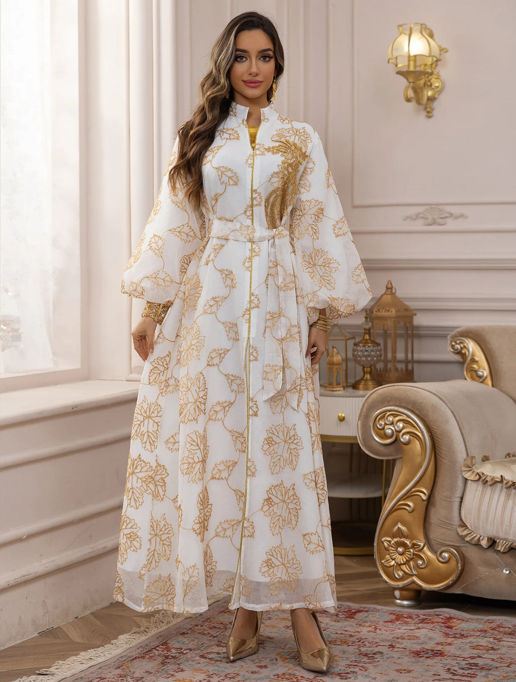 2025 Luxury Muslim Abaya White Base Gold Floral Embroidered Long Dress with Belted Waist Elegant Modest Islam Formal Wear  Dubai