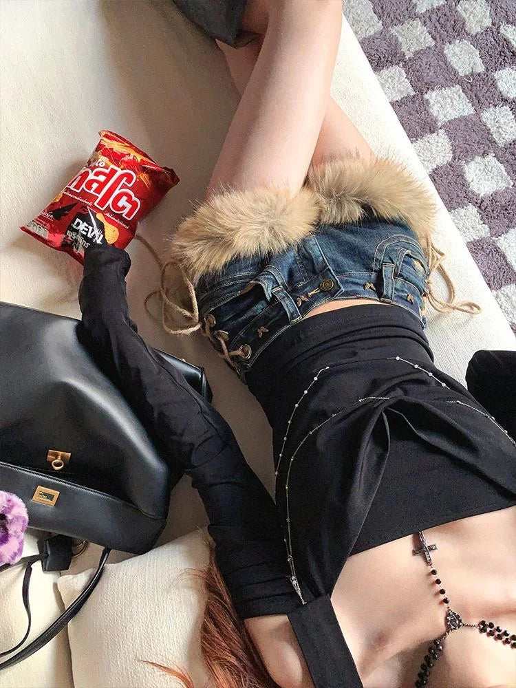 Winter New Women's Retro Design Fluffy Splicing Jeans Shorts Y2k Low-rise Strap Slim Hot Pants