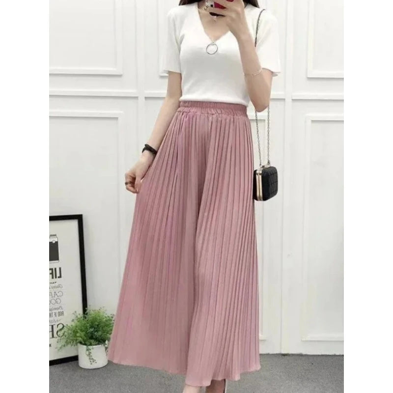 Summer New Women's Pants Korean Fashion Solid Elastic Waist Pleated Loose Skirt Pants Plus Size Casual Wide-leg Cropped Pants