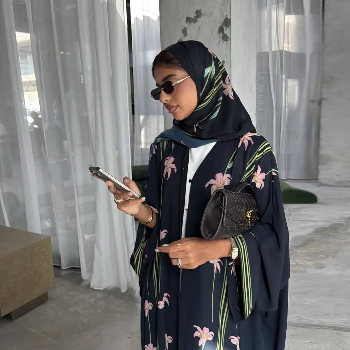 Modest Floral Print Open Cardigan Headscarf Two-Piece Set Middle East Dubai Abaya Muslim Women's Clothing Fashionable Outerwear