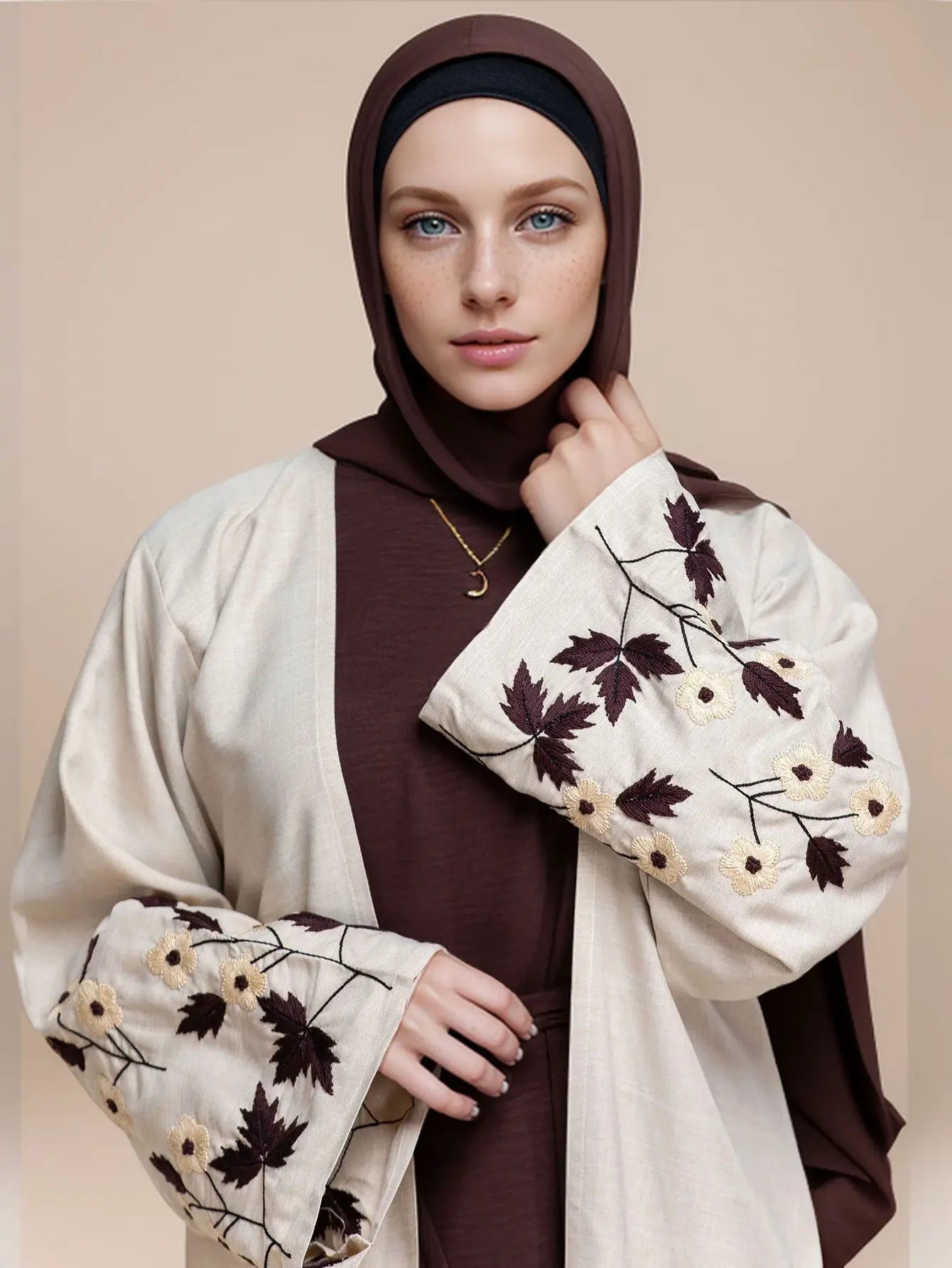 Apricot Color Muslim Abaya Boasting Exquisite Floral Cuff Embroidery Blending Timeless Elegance and Fashion for Ramadan Islamic
