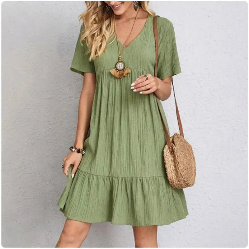Women Summer Peplum Dresses Spring V-Neck Short Sleeve