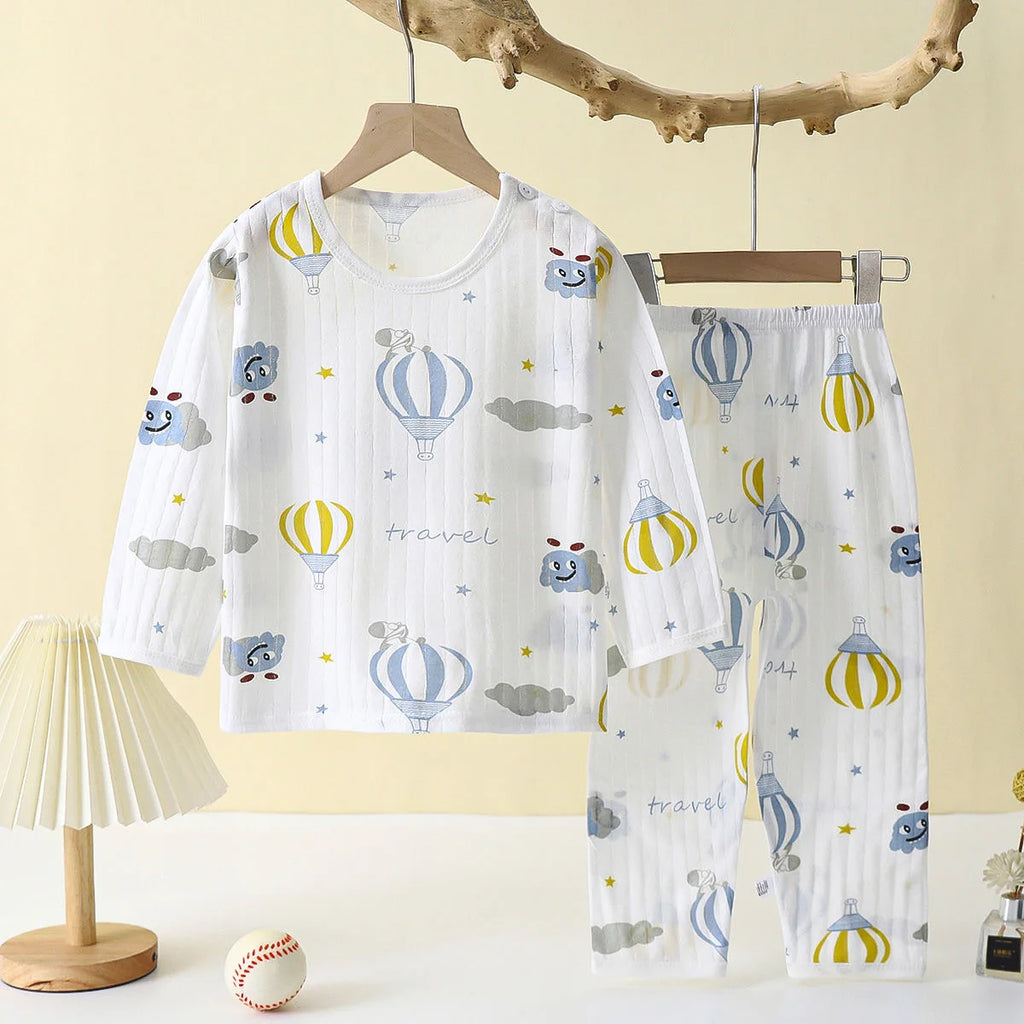 Soft Breathable Cotton Baby Children Pajamas Set Cute Cartoon Long Sleeve Home Sleepwear Set for 0-5 Years Old