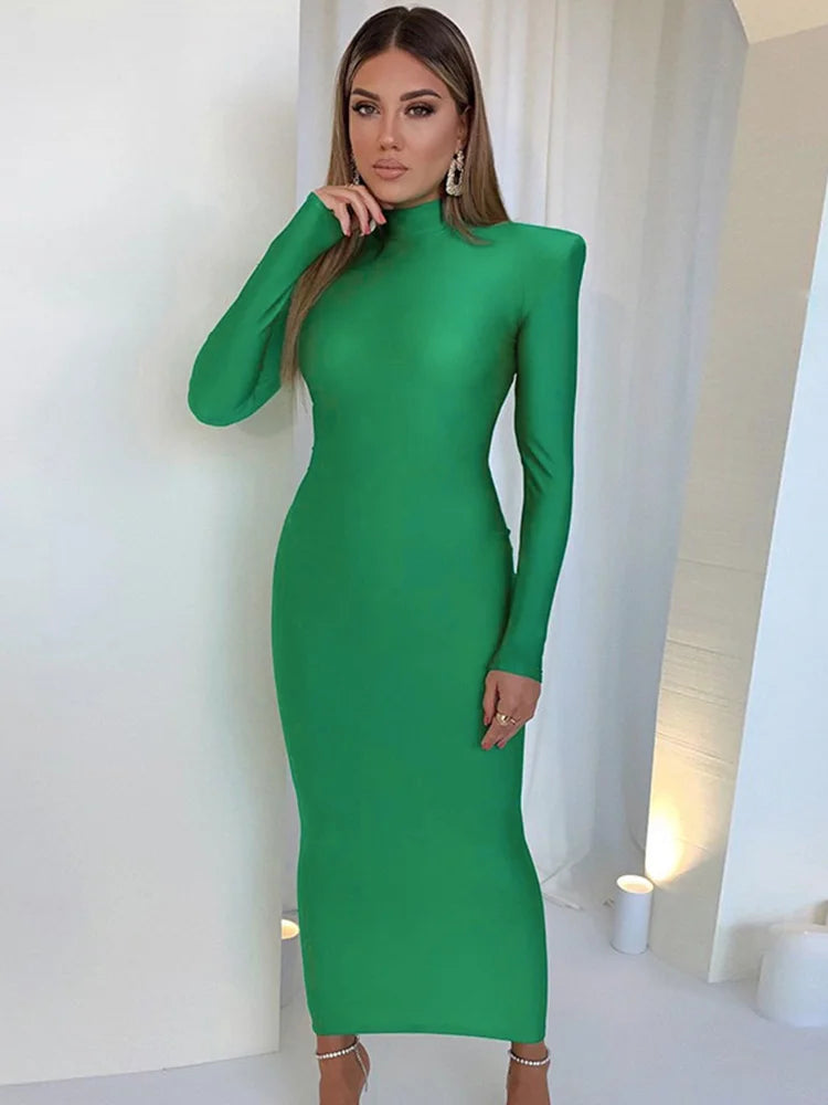 Shoulder Padded Long Sleeve Party Club Maxi Long Dress