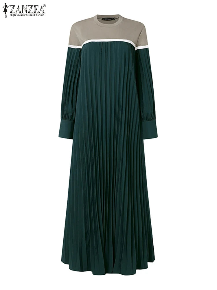 ZANZEA Muslim Women Color-Block Maxi Dress Plisse Patchwork Trendy Islamic Long Sleeve Abaya Robe Hijab O Neck Pleated Vestidos