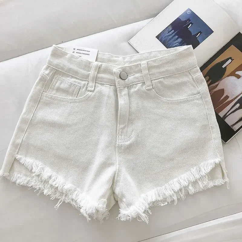 2025 New Summer Women High Wiast Raw Hem Denim Shorts Soild White Black Blue Korean Wide Leg Pants Mon Shorts  Jean Shorts