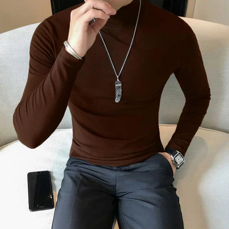Spring New Men's Turtleneck T-shirt Long Sleeve Slim Fit Solid Color High Elastic Bottoming Pullovers Basic Style Male Tops