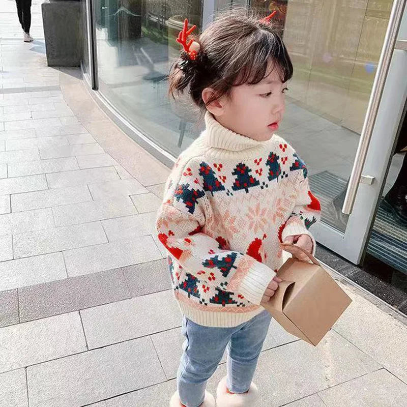 Girls' High Neck Sweater Thickened Autumn and Winter New Fashionable Christmas Pattern Girls' Knitted Sweater Sweet and Cute
