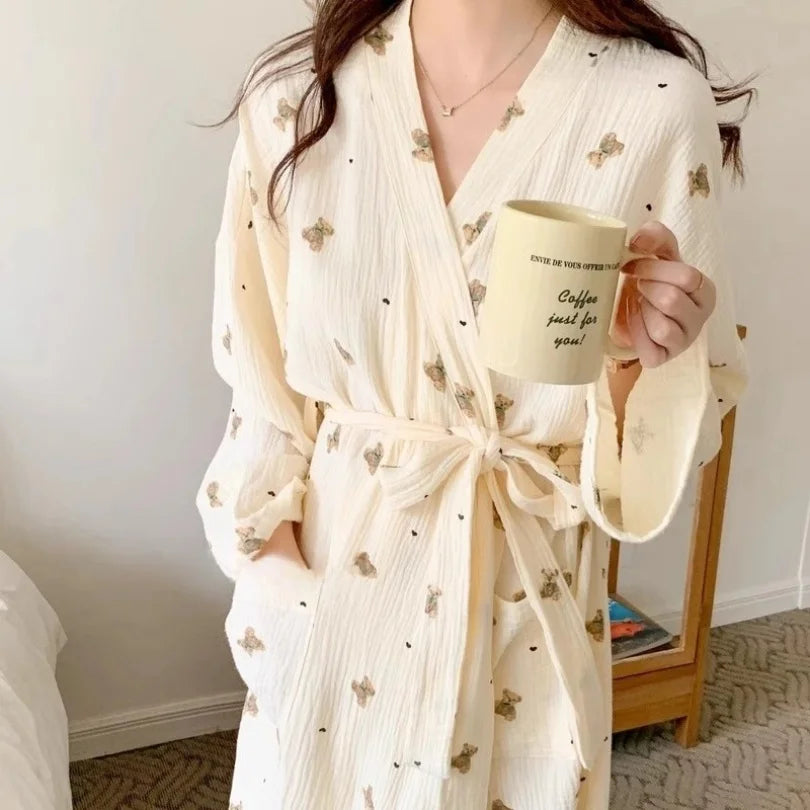 Sleeping Robe Female Spring and Fall New Japanese Ins Style Cute Bathrobe Bear Long-Sleeved Casual Princess Style Home Clothing