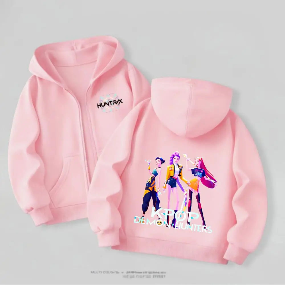 Kpop Demon Hunters Girls Hooded Jacket Spring New Kids Clothing Casual Cartoon Outerwear Children's Clothes Fashion Coats Thin