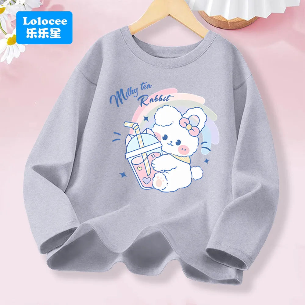 3-14years Girls' Pink Long Sleeve T-shirt - Cute "FRESH" Drink & Animal Print Kids Cotton Top 2026 Spring New