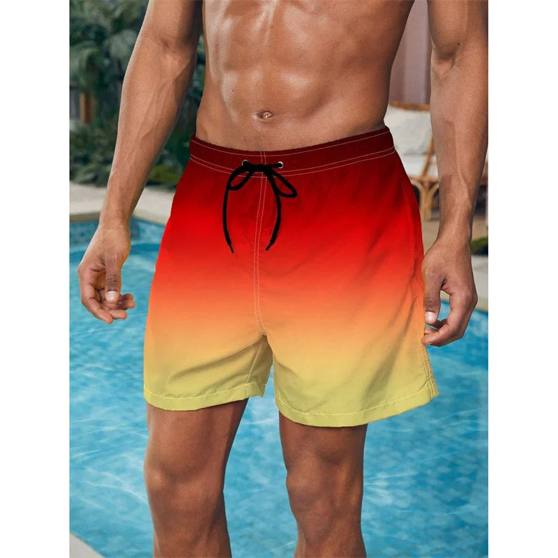 Gradient Color Block Graphic Beach Shorts For Men Colorful 3D Print Board Shorts Casual Breathable Short Pants Loose Swim Trunks