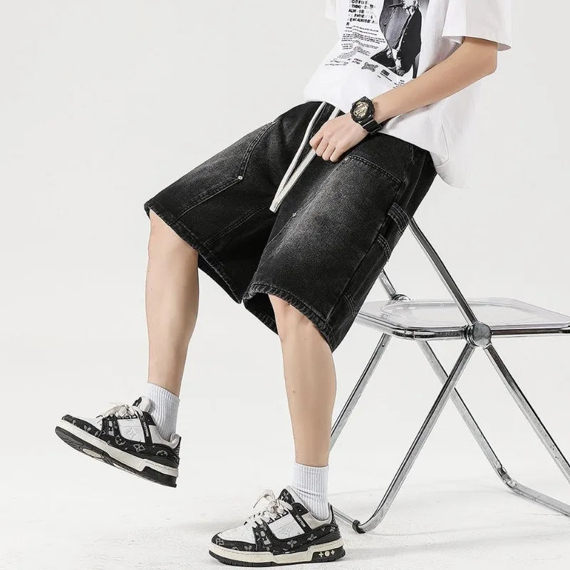 Fashion Streetwear Men's Denim Shorts Summer Loose Vintage Harajuku Splicing Hip-hop Cargo Moto Short Jeans Black Blue