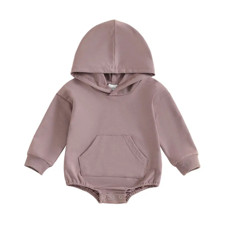 0-24months Baby Hooded Romper Long Sleeve Front Pocket Solid Color Bodysuit For Newborn Boys And Girls Spring Autumn Playsuit