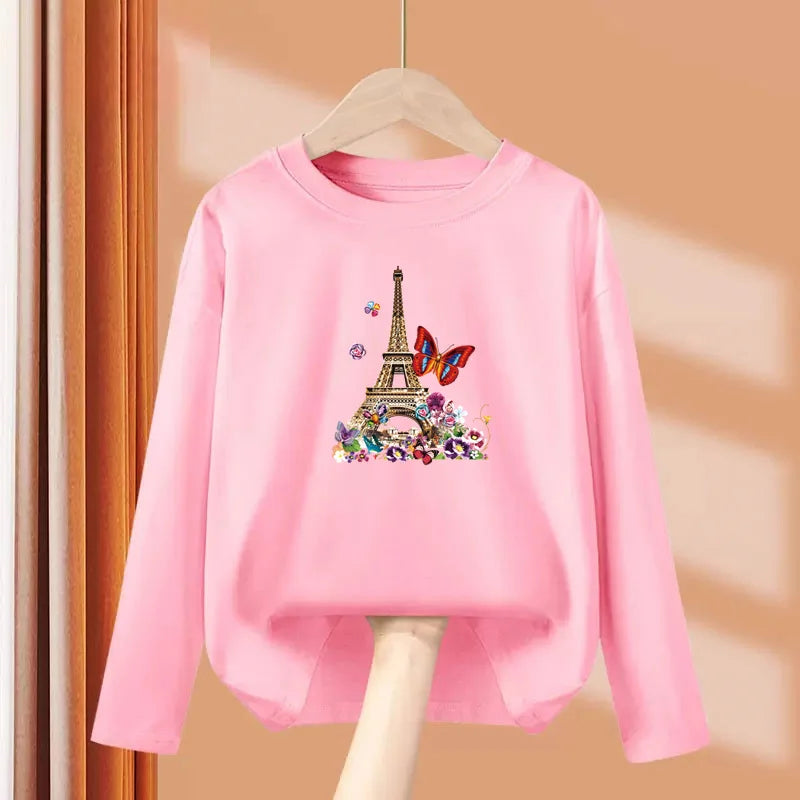 2024 New Flamingo Long Sleeved T-shirt Little Girls in Autumn Round Neck Cotton Tops Children Fashion Tees 3-14 Age