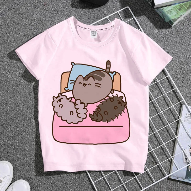 Summer Boys and Girls Children's T-shirt Cute Cat Cat Novel Cartoon Print Primary School Short Sleeve Parent-child Clothing