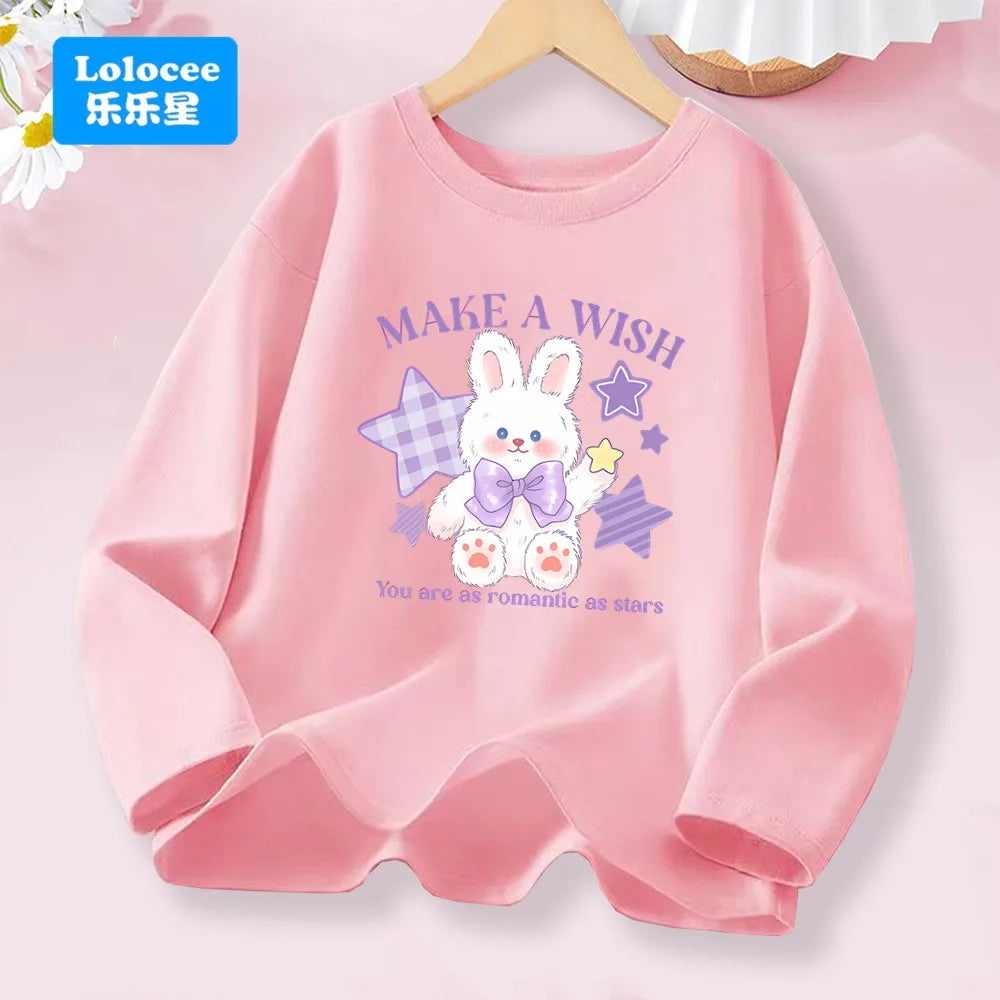 3-14years Girls' Pink Long Sleeve T-shirt - Cute "FRESH" Drink & Animal Print Kids Cotton Top 2026 Spring New