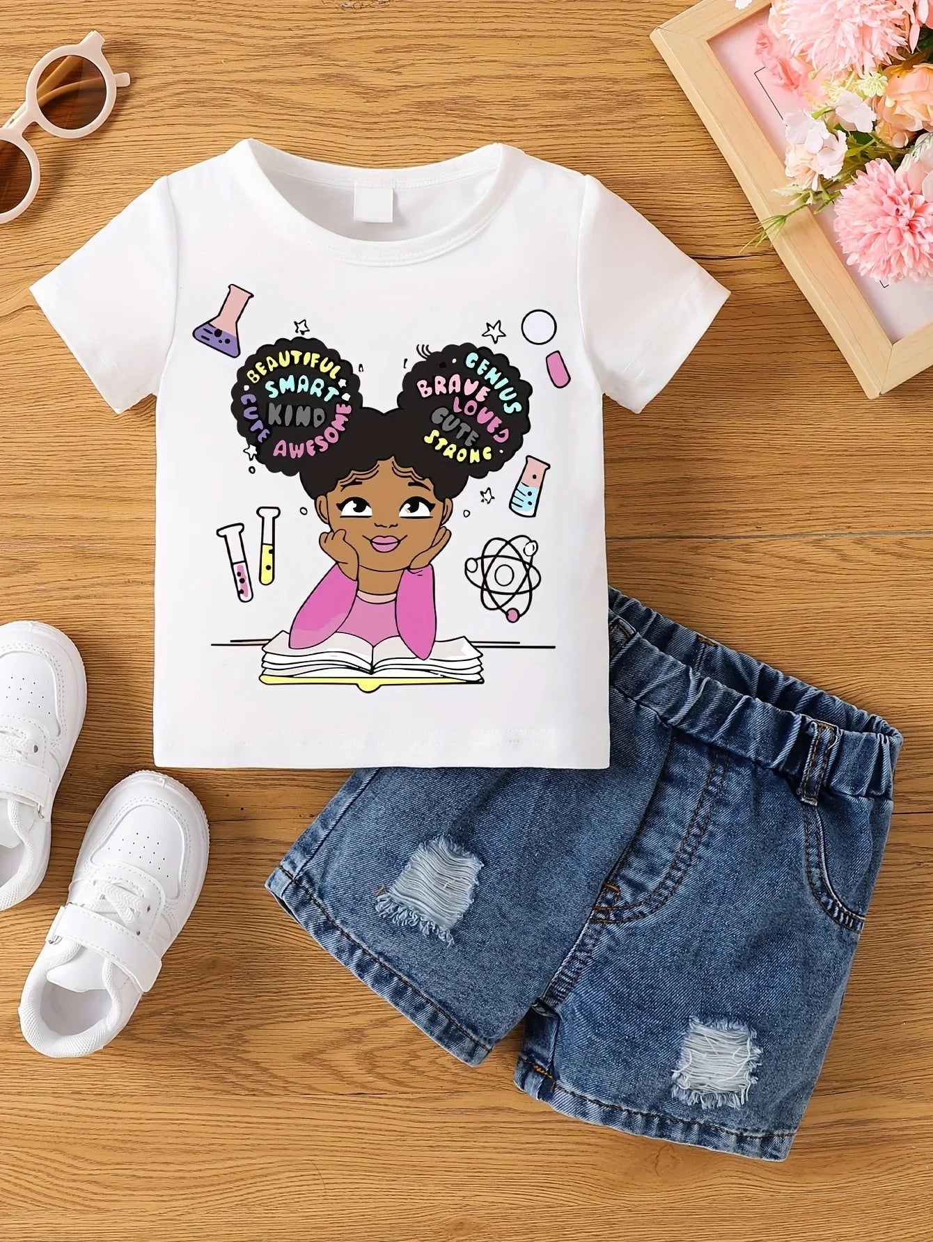 Aby Boys and Girls Summer Hot Painted Round Neck Short-sleeved Top Girls    Just T-shirts. Shorts not included