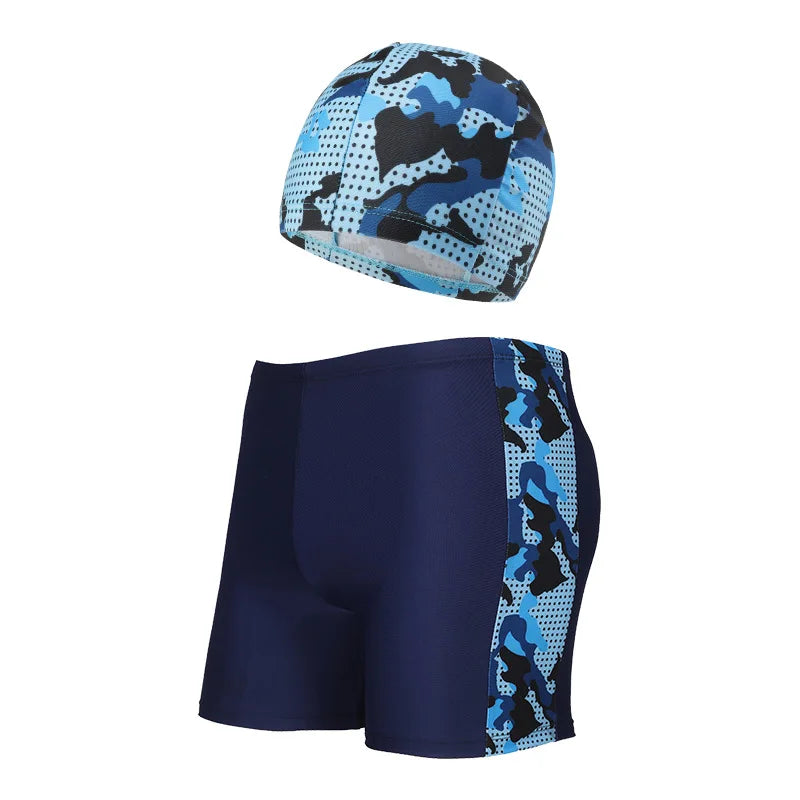 2-piece Set of Summer Children's Swim Trunks Swim Caps Boys' Swimwear Quick Drying Shorts Cartoon Print Beach Swimwear Ages 4-16