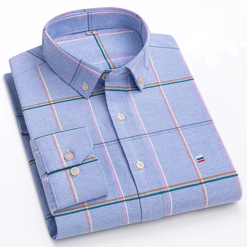 Men's 100% Cotton Shirt Long Sleeve Plaid Oxford Casual Solid Color Print Regular Fit Formal Dress Shirt Oversized 7XL  6XL 5XL
