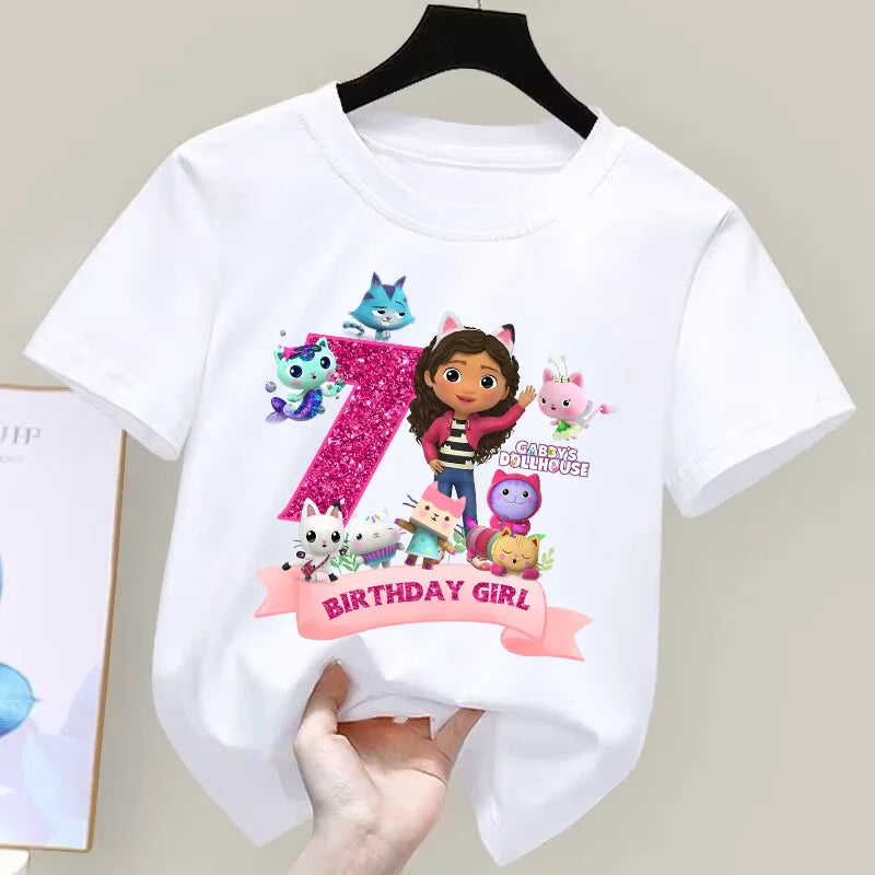 Gabbys Dollhouses Birthday Number T-shirt Girls White Pink Short Sleeve T-shirts Tops Cotton Summer Casual Party Supplies Tee