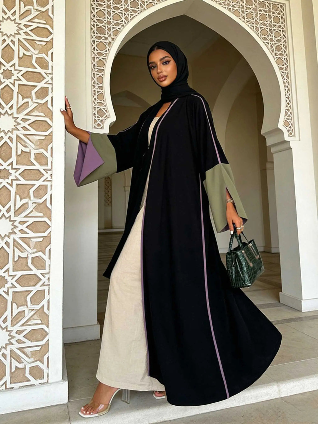 Chic Black Open-Front Abaya Purple Trim & Olive-Purple Color-Block Bell Sleeves Women Muslim Moroccan Kaftan Ramadan Jalabiya