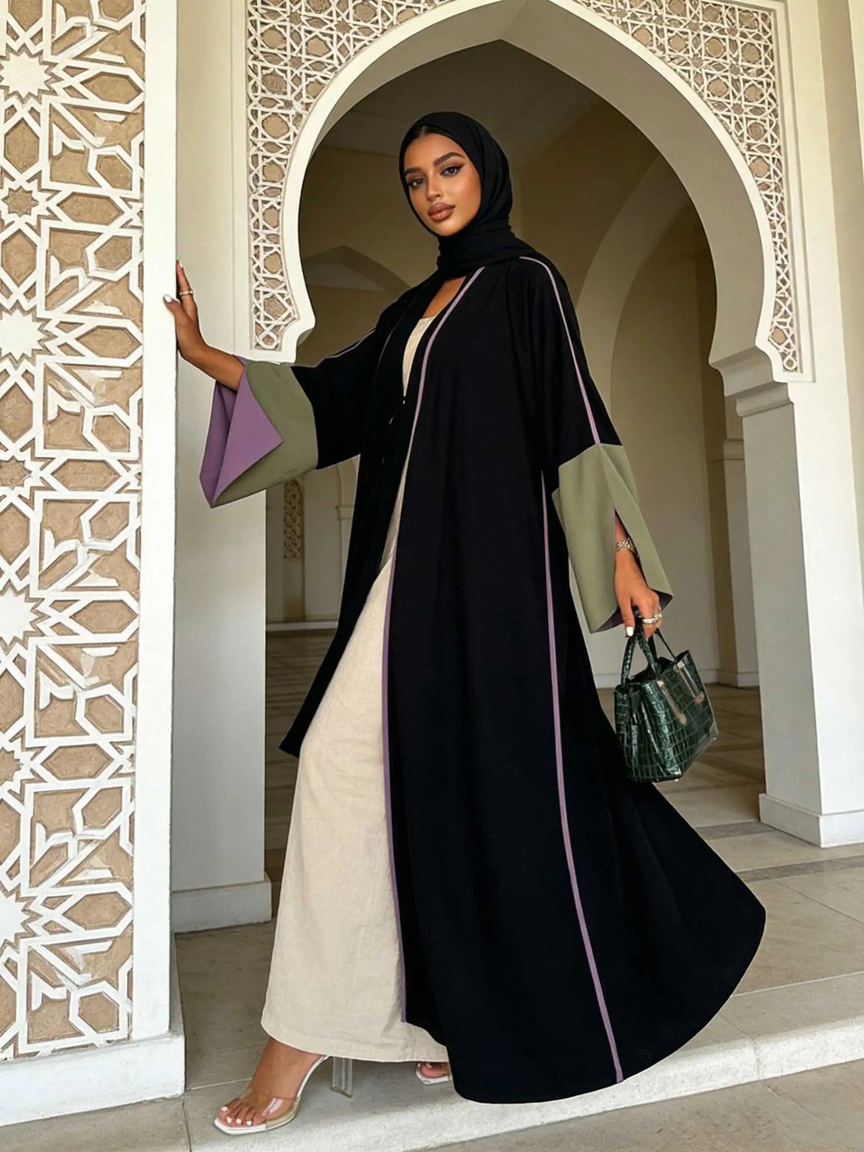 Chic Black Open-Front Abaya Purple Trim & Olive-Purple Color-Block Bell Sleeves Women Muslim Moroccan Kaftan Ramadan Jalabiya