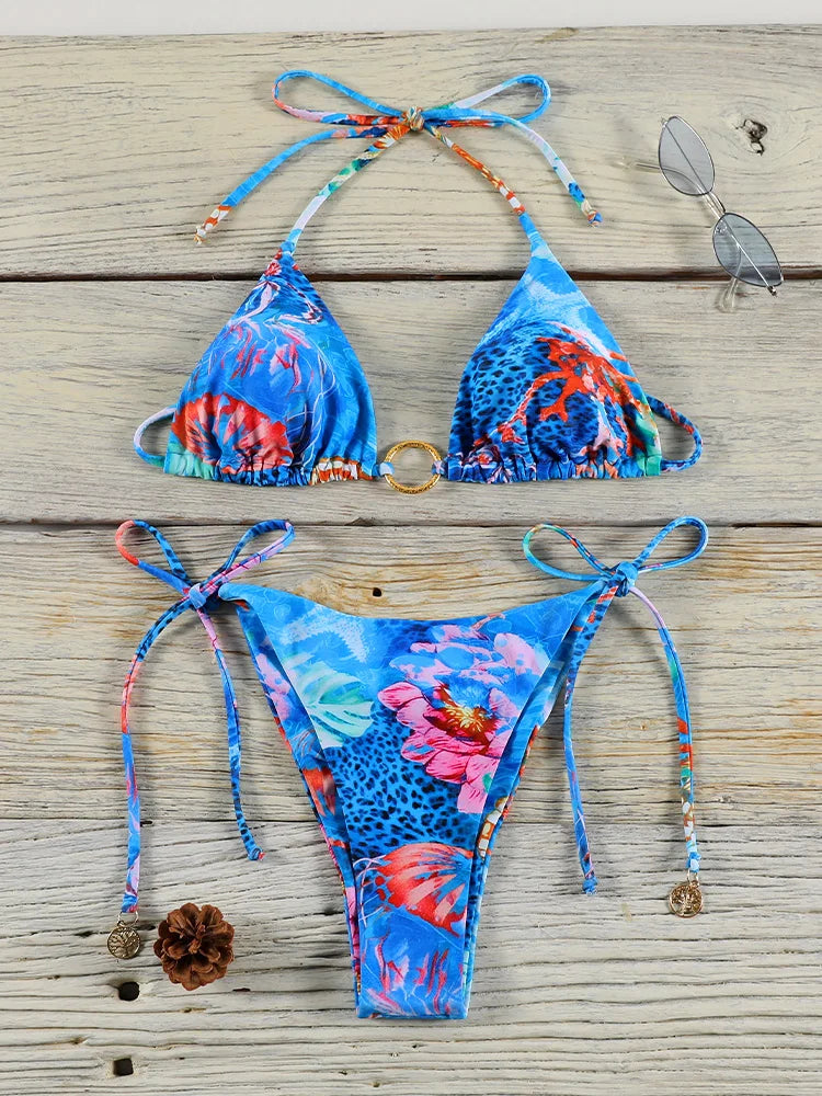Sexy Triangle Chains Bikini Sets Micro Thongs Swimsuit Women Bathing Suit Biquini Bandage Beachwear Print Swimwear Thong Bikini