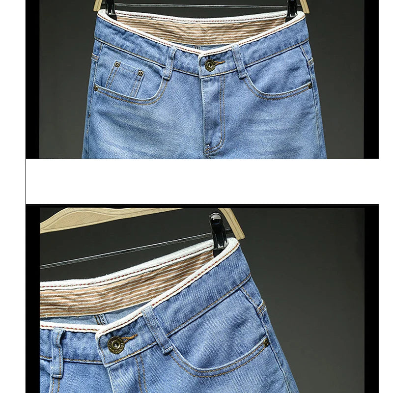 Men Denim Shorts Summer New Style Thin Section Elastic Force Slim Fit Short Jeans Male Brand Clothing Light Blue Retro Blue