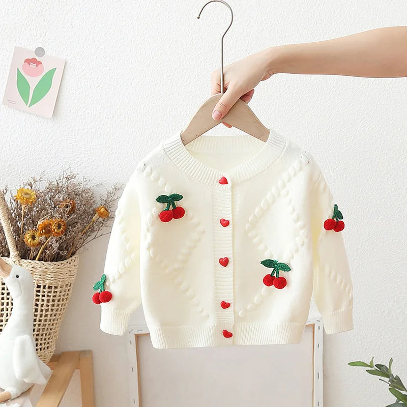 Girls' Sweaters Cardigan Spring Autumn New Love Button Warm Sweater Coats Korean Girls Cute Cherry Thicked Knitted Tops
