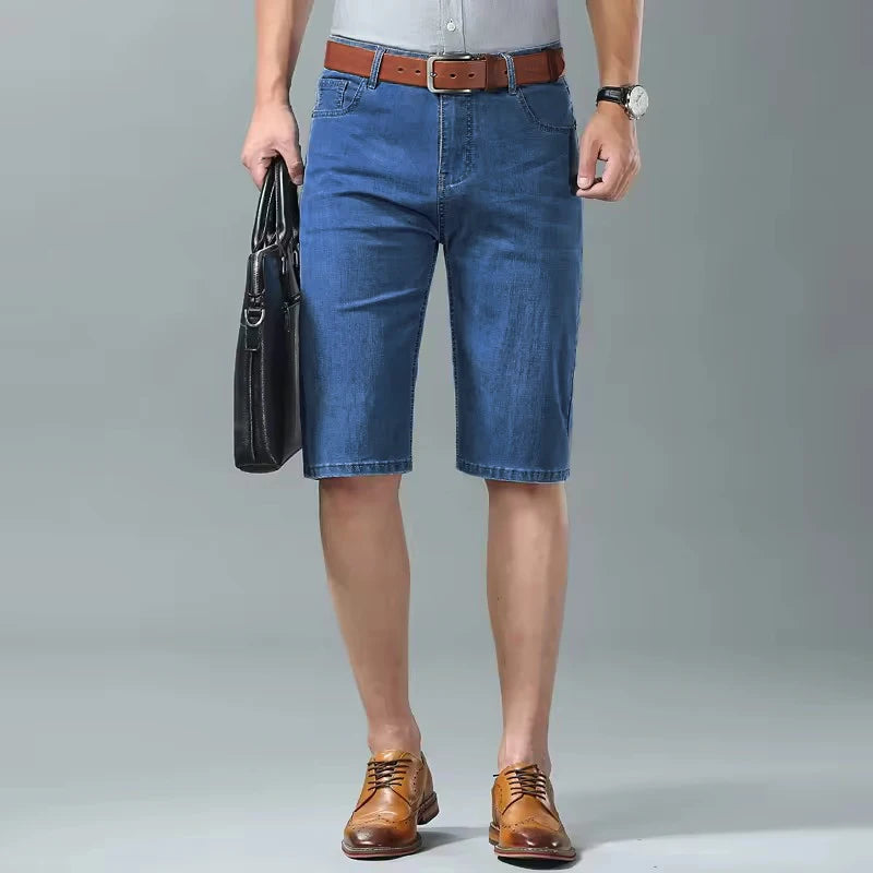 Summer Men business Denim Shorts Thin Straight Casual Short Jeans Male office Brand Clothing Black Blue short pants