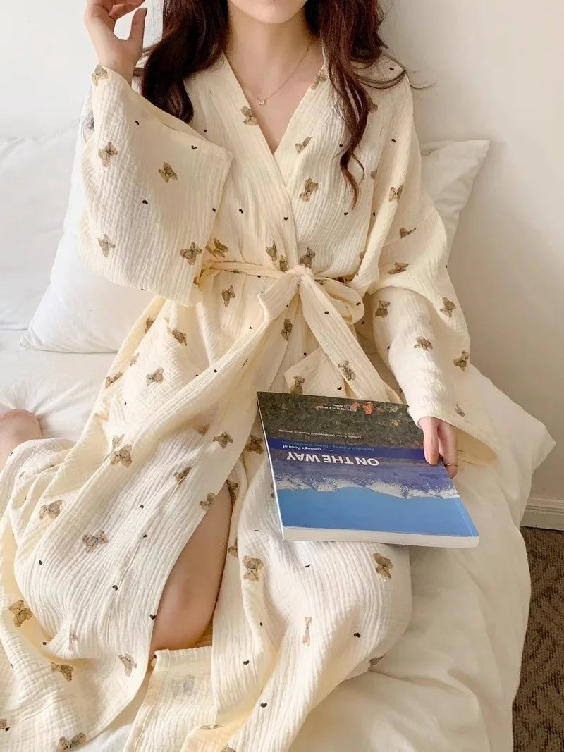 Sleeping Robe Female Spring and Fall New Japanese Ins Style Cute Bathrobe Bear Long-Sleeved Casual Princess Style Home Clothing