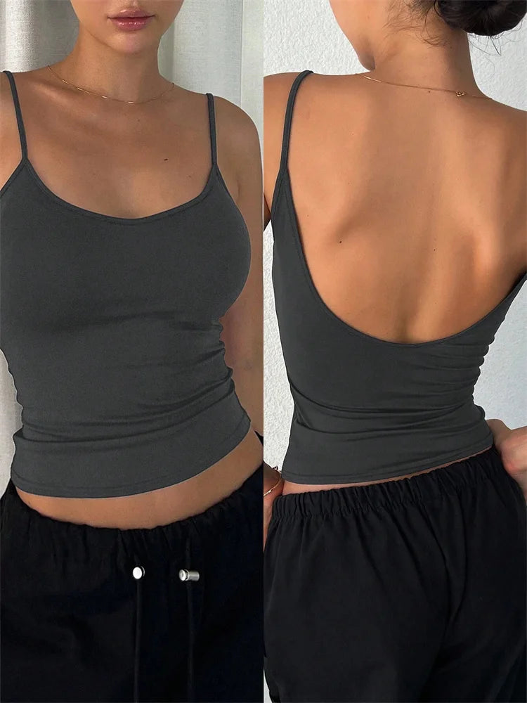 Women Backless Cami Crop Top Summer Solid Color Casual Sleeveless Top Streetwear Y2K Clothes