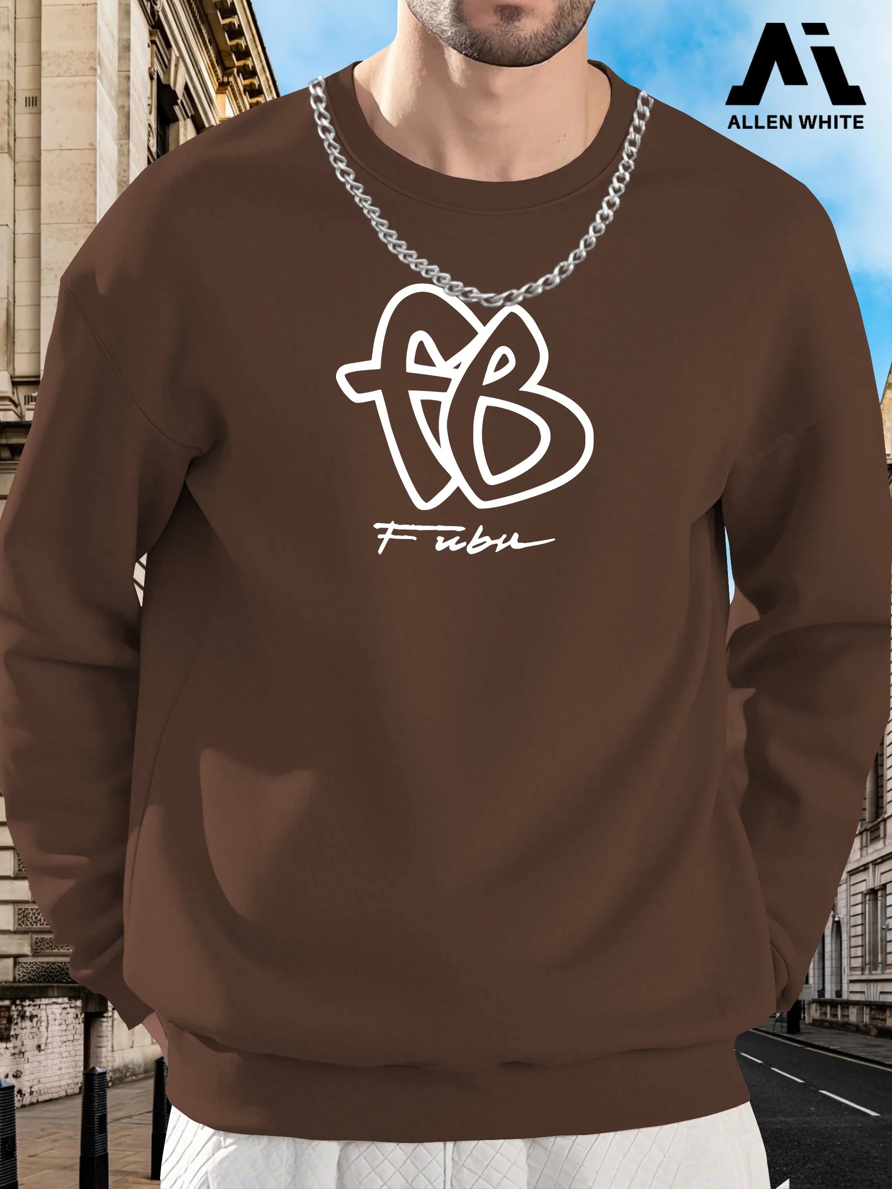 Men'S Fubu Graphic Sweatshirt - Brown Casual Crew Neck Pullover with "FUBU" Print, Soft Stretch Knit Fabric, Loose Fit Long