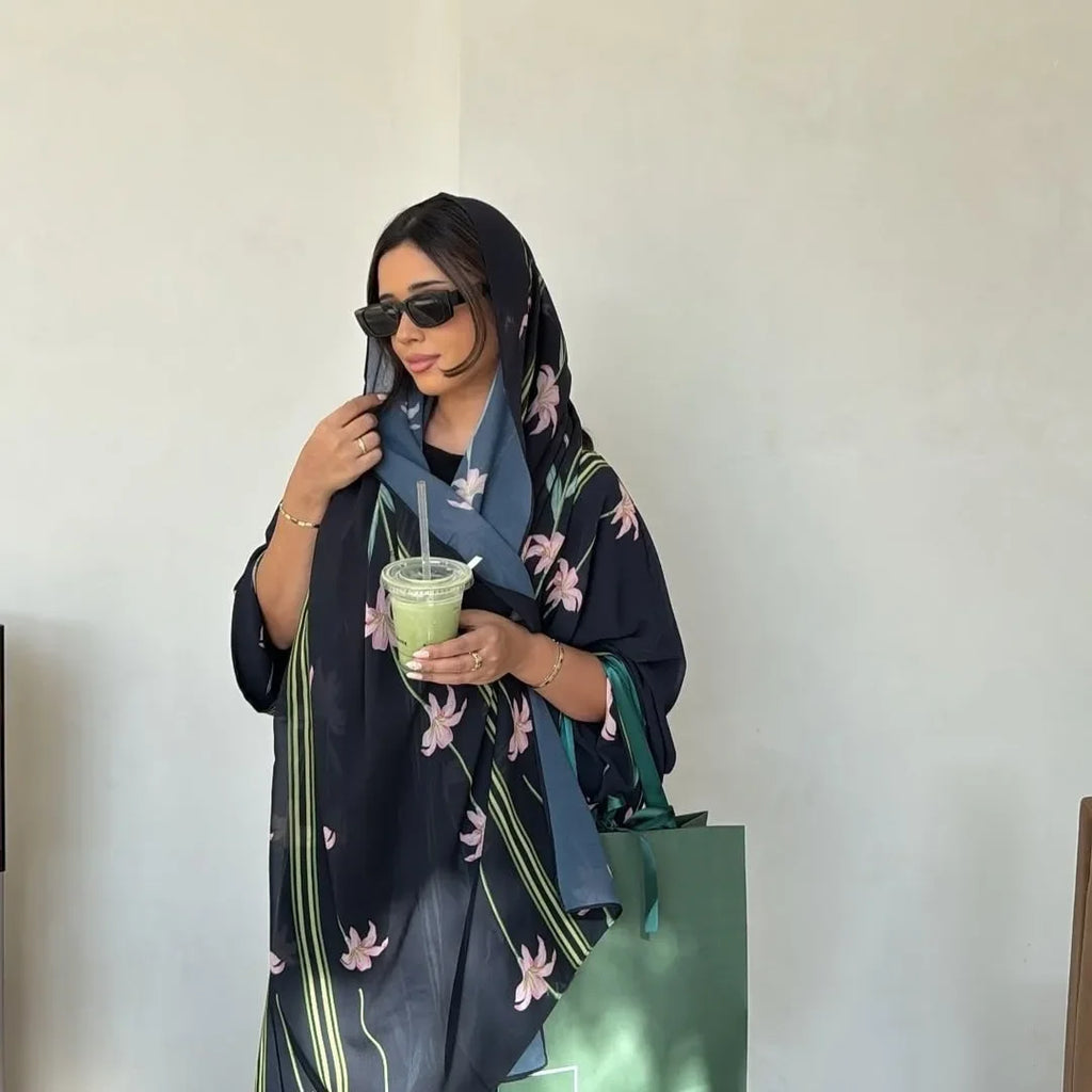 Modest Floral Print Open Cardigan Headscarf Two-Piece Set Middle East Dubai Abaya Muslim Women's Clothing Fashionable Outerwear