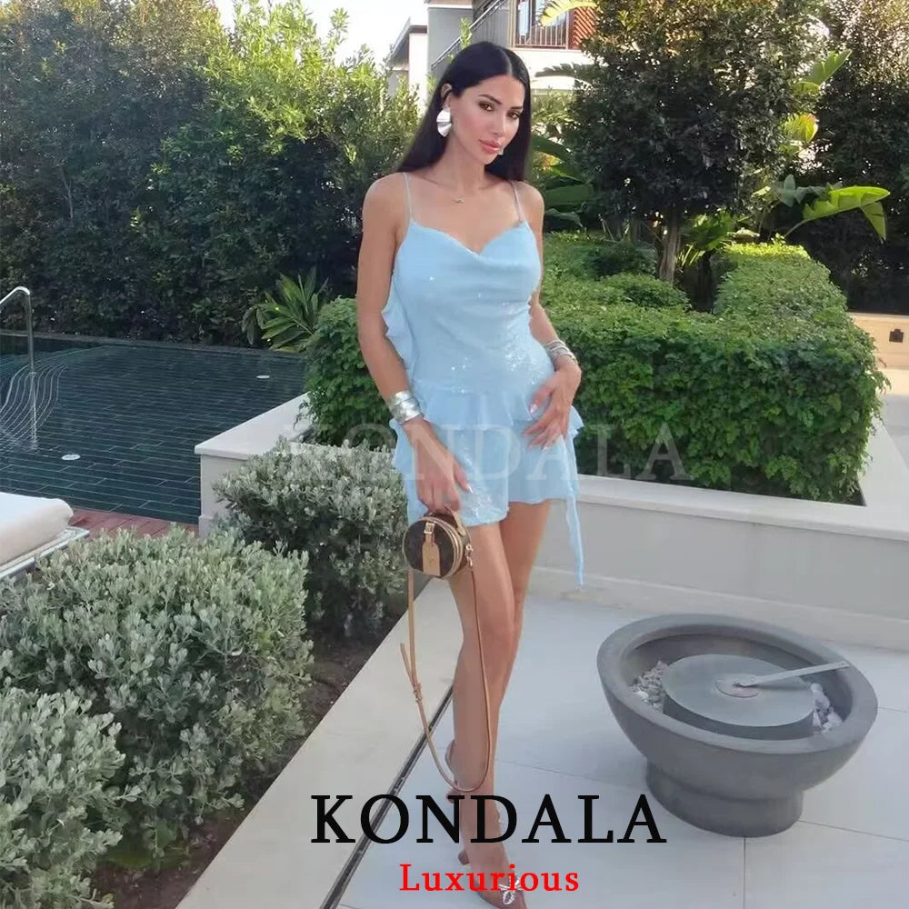 KONDALA Sexy Chic Women Dress Solid Cami Backless Sequined Tierred Mini Short Dress Fashion 2025 Fall Evening Club Party Dress