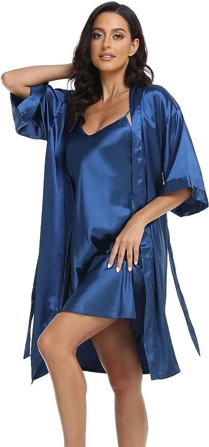 Women's Silk Satin Pajamas 2Pcs Sexy Silky Pj Robe Set with Chemise Nightgown