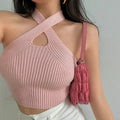 Women's Summer New Hot Girl Sexy Cross-blade Off-the-shoulder Neck Suspender Vest Solid Color Navel Knitted Top