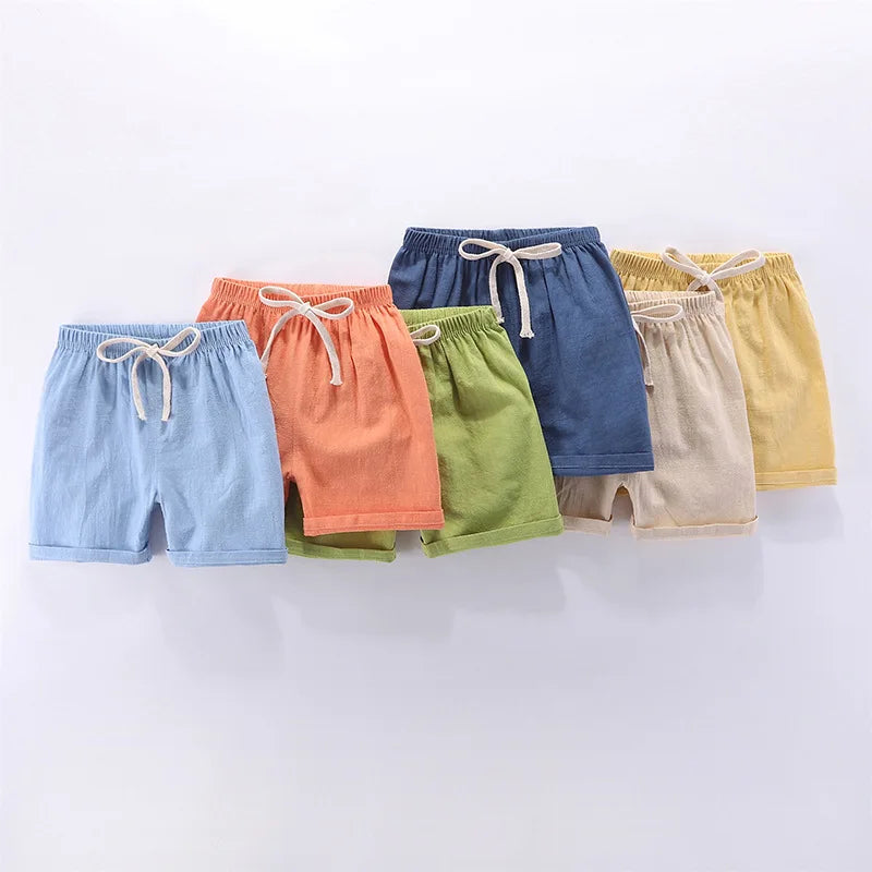 Children's Shorts For Boys Girls Linen Cotton Summer Thin Breathable Elastic Waist Beach Sport Short Pants Casual Loose Kid Pant