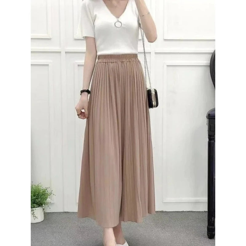 Summer New Women's Pants Korean Fashion Solid Elastic Waist Pleated Loose Skirt Pants Plus Size Casual Wide-leg Cropped Pants
