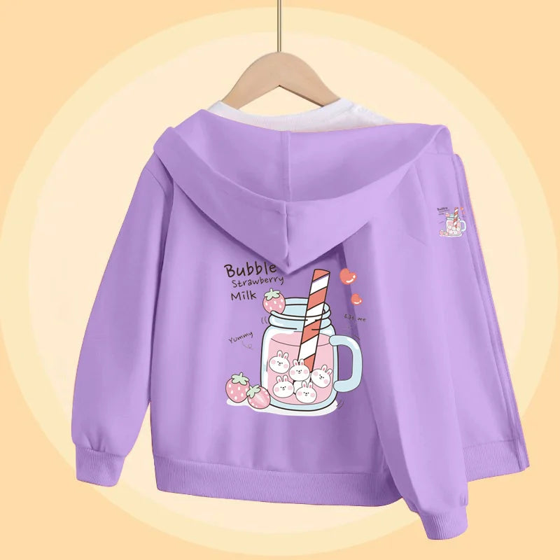 Girls Bubble Tea Cartoon Sweater Autumn Long Sleeved Coats with Zipper Pink Cute Hoodies 5-14T