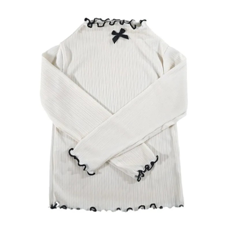 6M-8Y Girls' Long Sleeved T-shirt Children's Ruffled Edge Bow Knitted Tops 2025 Autumn New Versatile Base Shirt for Baby Girls