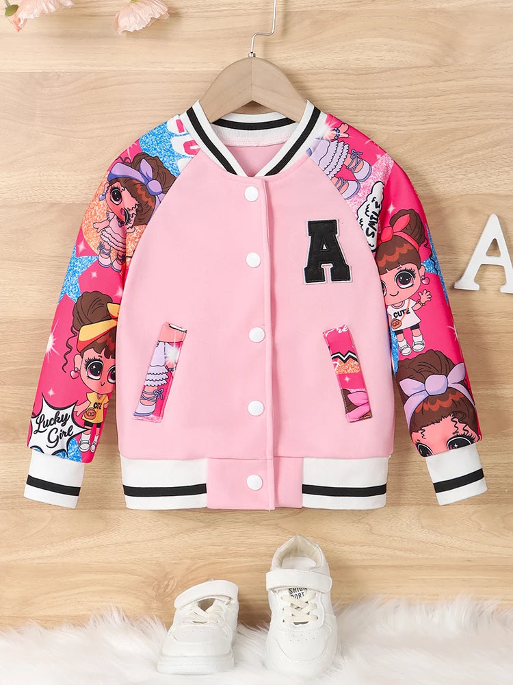 Girls Letter "A" Pattern Cartoon Doll Print Baseball Uniform Jacket, Children's Spring and Autumn Casual Jacket