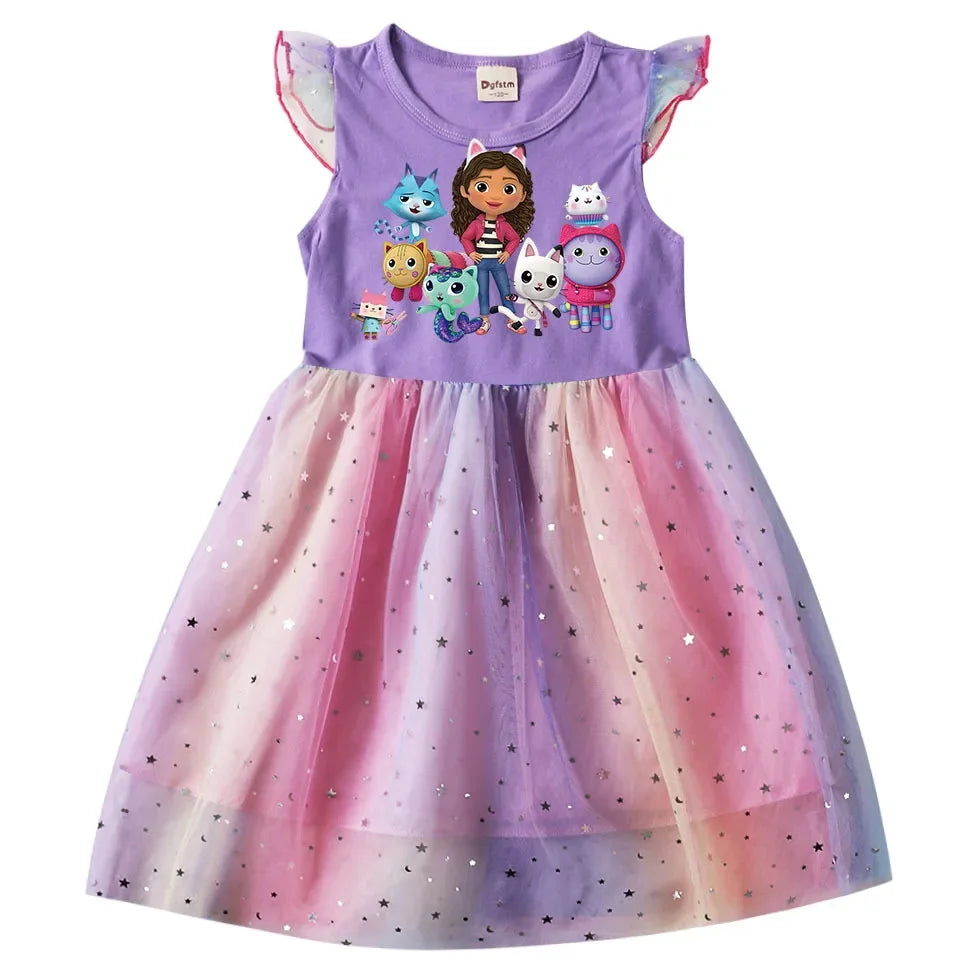 Baby Girls Dress Children Cartoon Mesh Star Sequins Princess Dress Kids Flying Sleeve Skirt For Daily Halloween Birthday Gift