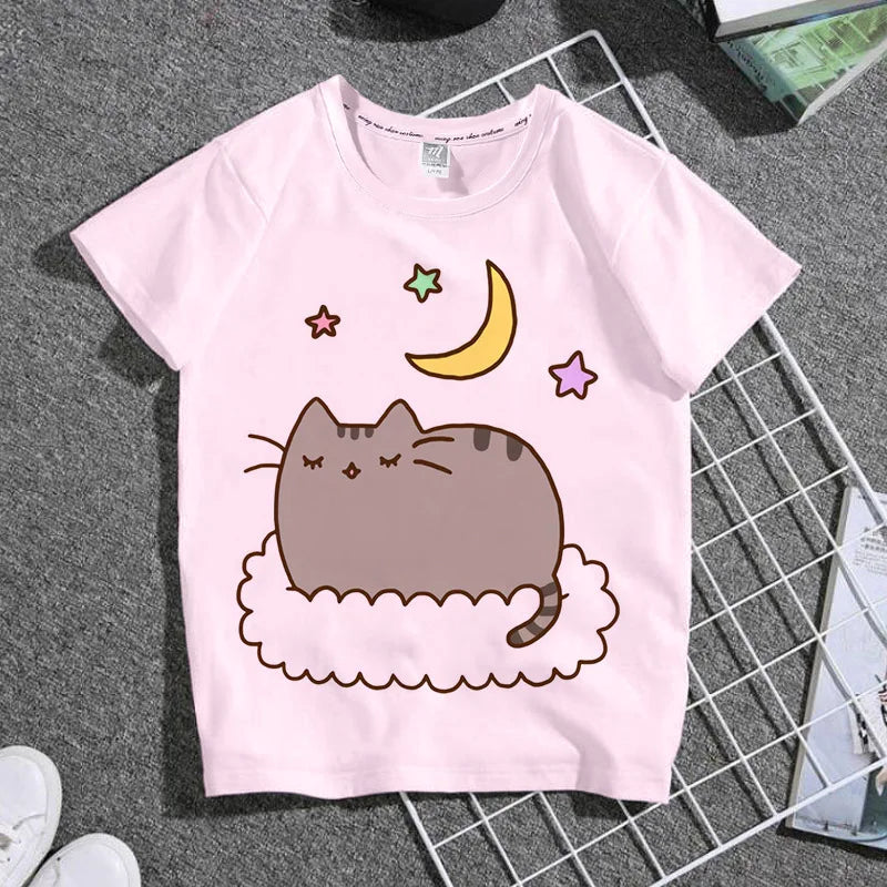 Summer Boys and Girls Children's T-shirt Cute Cat Cat Novel Cartoon Print Primary School Short Sleeve Parent-child Clothing