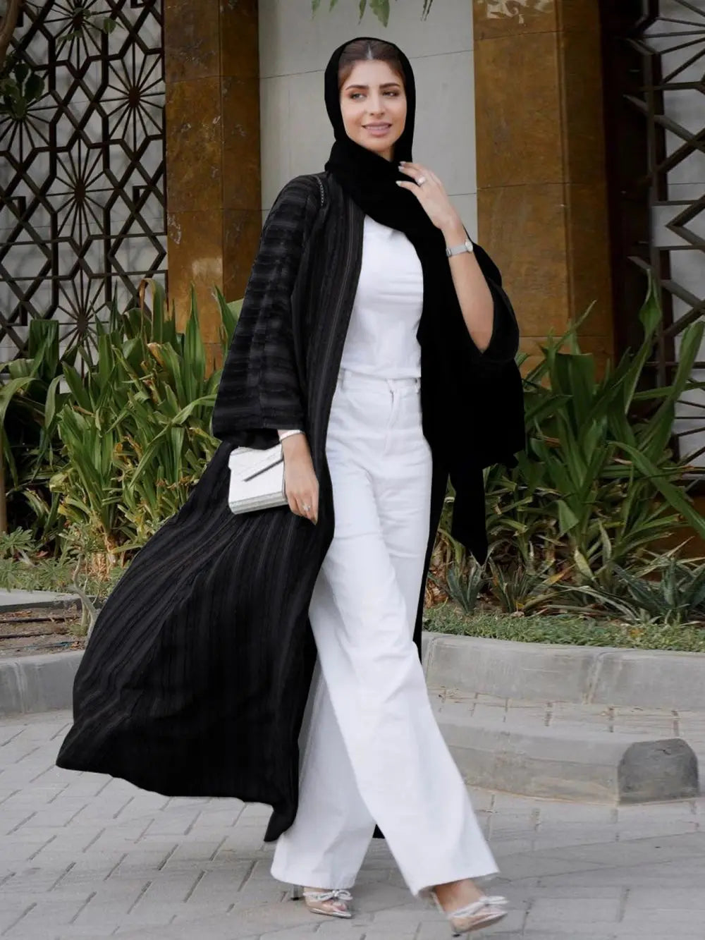 2025 Dubai Muslim Open Black Abaya Striped Retro Ethnic Cardigan Robe Dubai Middle Eastern Saudi Arabia Eid Clothes Black