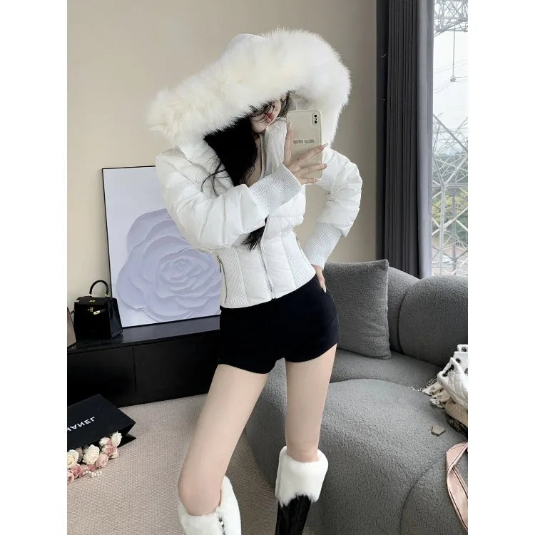 Japanese Heavy Hooded Down Cotton Jackets Autumn Winter Short Coat Women 2025 New White Casual All-match Women's Tops