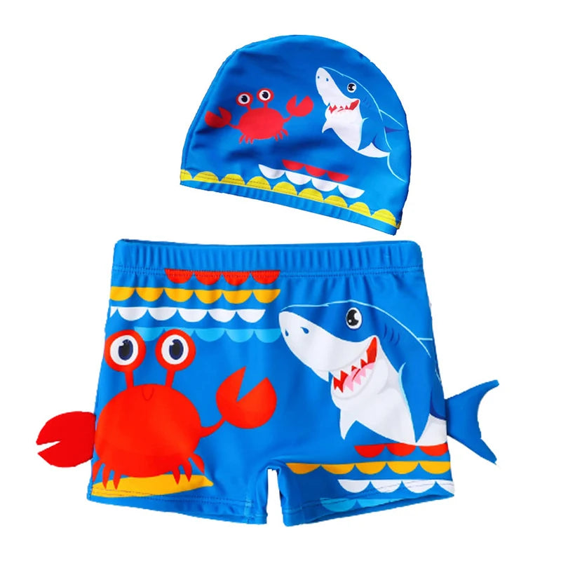 Boys Beach Trunks Toddler Boy Cartoon Crab And Shark Graphic Swim Shorts Wth Hat 2pcs Set For Swimming Beach Kids Summer Clothes
