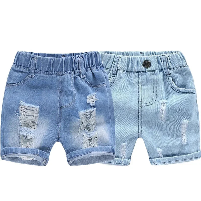Summer Boy Shorts Children Casual Torn Jeans Kids Knee Length Denim Pants Baby Elastic Waist Shorts Infant Fashion Trousers 2-8Y