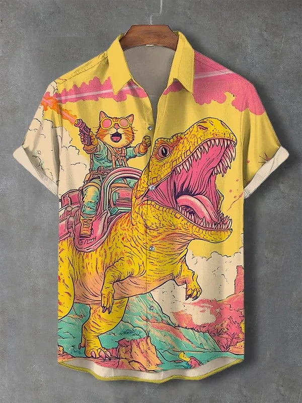 Men's Cat Graphics Shirts Short Sleeved Button Down Lapel Shirt For Summer Oversized Tops Vacation Casual Hawaiian Shirts